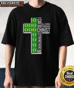 Alt Text: Oregon Ducks Football Cross T-Shirt featuring 'I Can Do All Things Through Christ Who Strengthens Me' design.