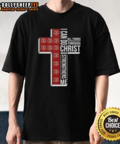 Texas A&M Aggies football cross t-shirt featuring 'I Can Do All Things Through Christ Who Strengthens Me' design.