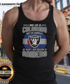 Alt Text: Woman wearing a Raiders tank top, expressing loyalty to Raiders despite living in Colorado on game day.