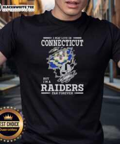 Good I May Live In Connecticut But I'M A Raiders Fan Forever T-Shirt showcasing team pride for Las Vegas Raiders fans.