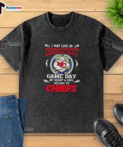 Kansas City Chiefs washed t-shirt showcasing fandom, perfect for game day, even while living in Connecticut.