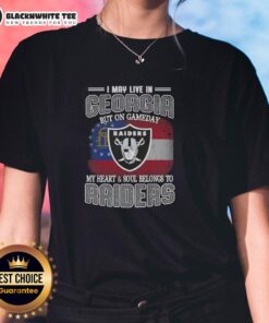 Alt Text: Ladies tee featuring 'Good I May Live In Georgia But On Gameday My Heart Belongs To Raiders' design for fans.