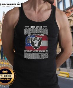 Stylish tank top featuring 'Good I May Live In Georgia But On Gameday My Heart And Soul Belongs To Raiders' design.