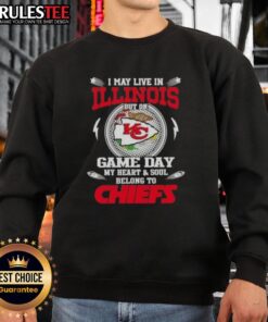 Alt Text: Kansas City Chiefs sweatshirt for game day, showing team spirit despite living in Illinois. Perfect for fans!