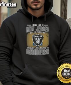 Fan wearing a Raiders hoodie, showcasing pride with the phrase 'Good, I may live in New Jersey, but on gameday...'.