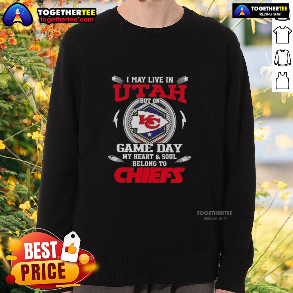 Good I May Live In Utah But On Game Day My Heart And Soul Belongs To Kansas City Chiefs Sweatshirt Good I May Live In Utah But On Game Day My Heart And Soul Belongs To Kansas City Chiefs Sweatshirt in vibrant red.