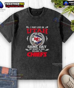 Kansas City Chiefs washed t-shirt, perfect for game day, showcasing team spirit even while living in Utah.