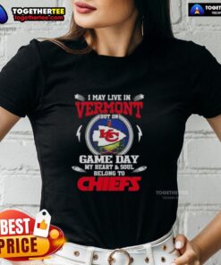 Vermont fan wearing Kansas City Chiefs ladies tee on game day, showcasing team spirit and pride.