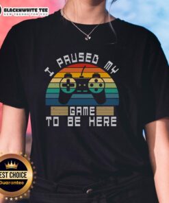 Retro vintage gamer sunset tee featuring 'Good I Paused My Game To Be Here' slogan, perfect for gaming enthusiasts.