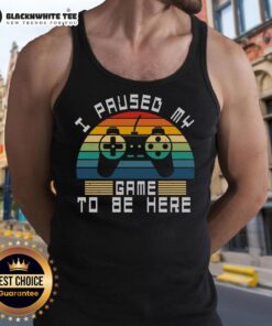 Retro vintage gamer tank top with 'Good I Paused My Game To Be Here' text against a sunset background.