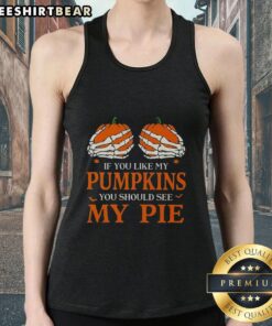 Funny Halloween tank top featuring 'Good if you like my pumpkins, you should see my pie' design in vibrant colors.