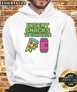 Alt Text: Cozy hoodie featuring Good Insert Snacks to Continue design, perfect for snack lovers and casual wear enthusiasts.