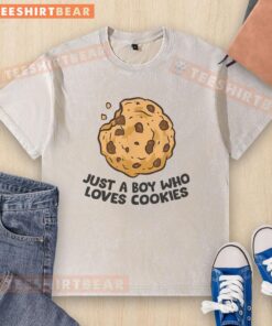 Good Just A Boy Who Loves Cookies washed t-shirt featuring a fun cookie graphic and playful typography.