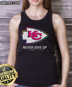 Alt Text: Good Kansas City Chiefs football tank top in vibrant colors, promoting the Never Give Up Fight Cancer campaign.