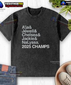 2025 Champs Las Vegas Aces T-shirt featuring A'ja Wilson, Jewell Loyd, Chelsea Gray, Jackie Young, and Nalyssa Smith.