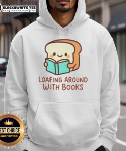 Cozy 'Good Loafing Around With Books' hoodie displayed on a bookshelf with colorful books, perfect for book lovers.