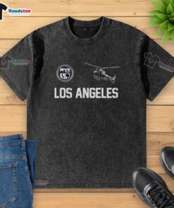 Alt Text: Good Los Angeles County logo on a washed T-shirt featuring a helicopter design, perfect for casual wear.