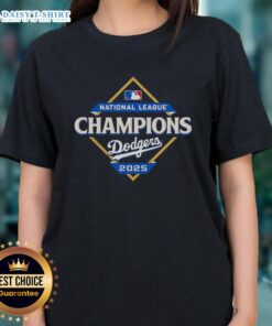 Los Angeles Dodgers 2025 National League Champions diamond logo on a ladies tee, perfect for fans and collectors.
