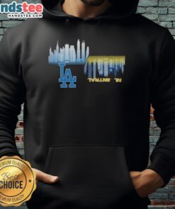 2025 MLB gameday schedule hoodie featuring Los Angeles Dodgers vs Milwaukee Brewers skyline design.