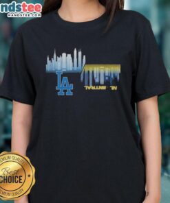 2025 MLB gameday schedule for Los Angeles Dodgers vs Milwaukee Brewers with skyline backdrop on a ladies tee.