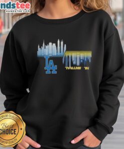 Los Angeles Dodgers vs Milwaukee Brewers MLB gameday schedule sweatshirt featuring a skyline design for 2025 season.