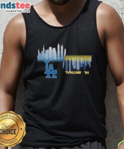 2025 MLB Gameday schedule tank top featuring skyline, showcasing Los Angeles Dodgers vs. Milwaukee Brewers design.