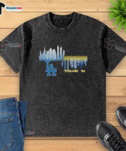 2025 MLB Gameday Schedule for Los Angeles Dodgers vs Milwaukee Brewers on skyline backdrop, featuring a washed t-shirt design.