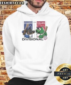 Los Angeles Dodgers vs Philadelphia Phillies 2025 NL Divisional Series mascot hoodie featuring team colors and logos.