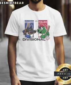 2025 NL Divisional Series mascot T-shirt featuring Los Angeles Dodgers vs Philadelphia Phillies design.