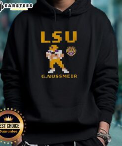 Garrett Nussmeier wearing a retro LSU Tigers football hoodie, showcasing team spirit and style for fans.