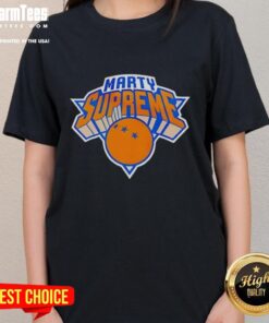 Alt Text: Good Marty Supreme New York Knicks logo parody ladies tee featuring a stylish design for fans.