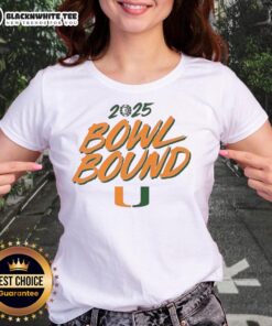 Alt Text: Good Miami Hurricanes Football 2025 Bowl Bound ladies tee featuring vibrant colors and team logo for fans.
