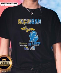 Good Michigan Sports Map featuring Michigan Wolverines and Detroit Lions, perfect for Saturdays and Sundays, Ladies Tee.