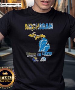 Alt Text: Good Michigan Sports Map T-Shirt featuring Michigan Wolverines for Saturdays and Detroit Lions for Sundays.