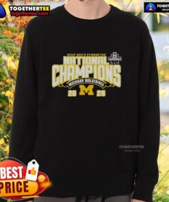 Alt Text: Michigan Wolverines 2025 NCAA Men's Gymnastics National Champions sweatshirt in navy blue, celebrating the team victory.