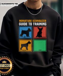 Good Miniature Schnauzer Guide to Training sweatshirt in navy blue, featuring a playful schnauzer graphic.