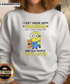 Funny sweatshirt featuring 'Good Minion I Can't Argue With Grandma' design, perfect for grandkids and Minion fans.