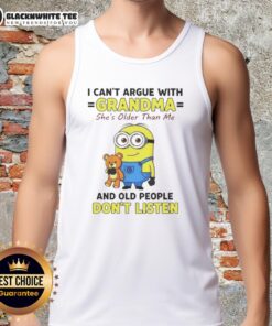 Funny tank top featuring a minion graphic and text about grandma's wisdom, perfect for casual summer wear.
