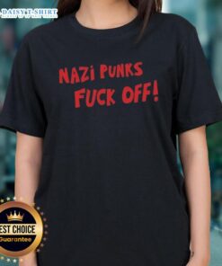 Good Nazi Punks F*ck Off Ladies Tee featuring bold graphic design, perfect for punk fashion enthusiasts and protest wear.