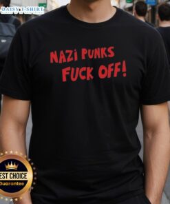 Good Nazi Punks Fck Off T-Shirt featuring bold lettering on a black background, promoting anti-hate messages in punk fashion.
