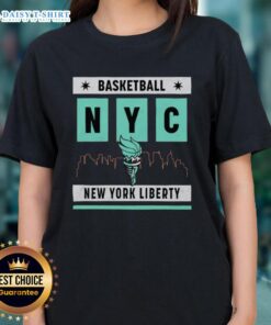 Stylish New York Liberty basketball skyline ladies tee featuring vibrant design and team colors, perfect for fans.