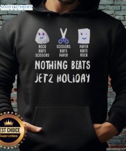 Good Nothing Beats Jet 2 Holiday hoodie featuring a fun rock-paper-scissors design in vibrant colors.