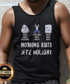 Good Nothing Beats Jet 2 holiday tank top featuring a fun rock-paper-scissors graphic design for casual summer wear.