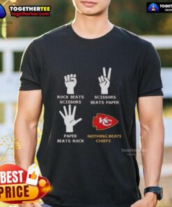 Good Nothing Beats Kansas City Chiefs Rock Beats Scissors T-Shirt featuring team colors and playful design.