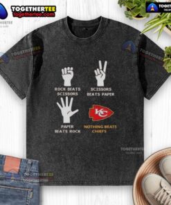 Good Nothing Beats Kansas City Chiefs Rock Beats Scissors washed t-shirt displayed on a wooden background.