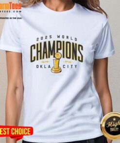 Good OKC Thunder NBA Champions 2025 trophy ladies tee featuring vibrant design celebrating Oklahoma City's victory.