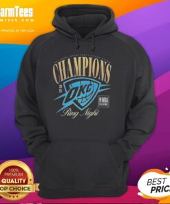 Good Oklahoma City Thunder NBA Champions 2025 Ring Night hoodie displayed on a hanger, showcasing team colors and design.