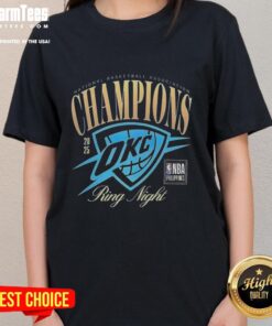 Alt Text: 2025 NBA Champions Oklahoma City Thunder ring night ladies tee featuring team colors and logo, perfect for fans.