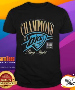 Alt Text: 2025 NBA Champions Oklahoma City Thunder Ring Night T-Shirt featuring team logo and celebratory design.