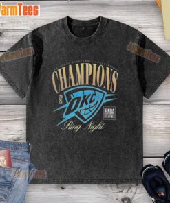 Alt Text: Oklahoma City Thunder NBA Champions 2025 Ring Night washed t-shirt featuring team logo and celebratory design.